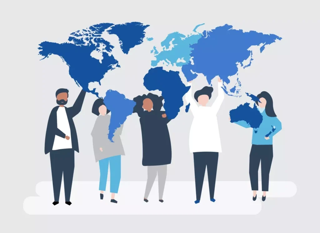 Mapa do mundo destacando a diversidade de contratação de empregadas domésticas estrangeiras, com diferentes pessoas de várias origens culturais ao fundo, ilustrando o processo de como contratar uma empregada doméstica estrangeira de maneira legal e eficiente.