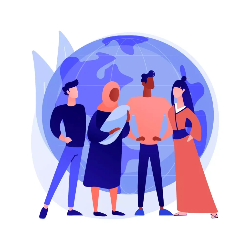 Ilustração de um grupo de pessoas discutindo sobre contratação de uma empregada doméstica estrangeira, com elementos representando diversidade e globalização.