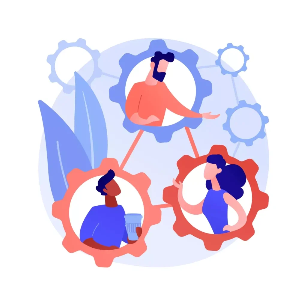 Ilustração representando direitos e deveres da empregada doméstica com trabalhador e empregador interagindo, envolvendo engrenagens que simbolizam processos e responsabilidades.
