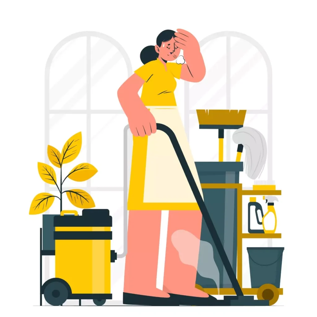 Imagem de uma faxineira com vassoura e equipamentos de limpeza, ilustrando direitos e deveres da faxineira, com foco na rotina de trabalho e responsabilidades.