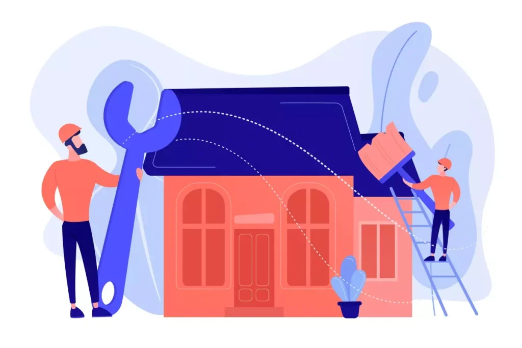Ilustração de duas pessoas realizando manutenção em uma casa, simbolizando direitos e deveres do caseiro, com ferramentas e elementos domésticos ao redor.