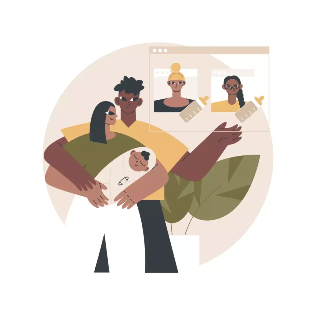 Ilustração de uma babá cuidando de uma criança com várias pessoas em videochamada, destacando as funções de uma babá na assistência ao cuidado infantil.