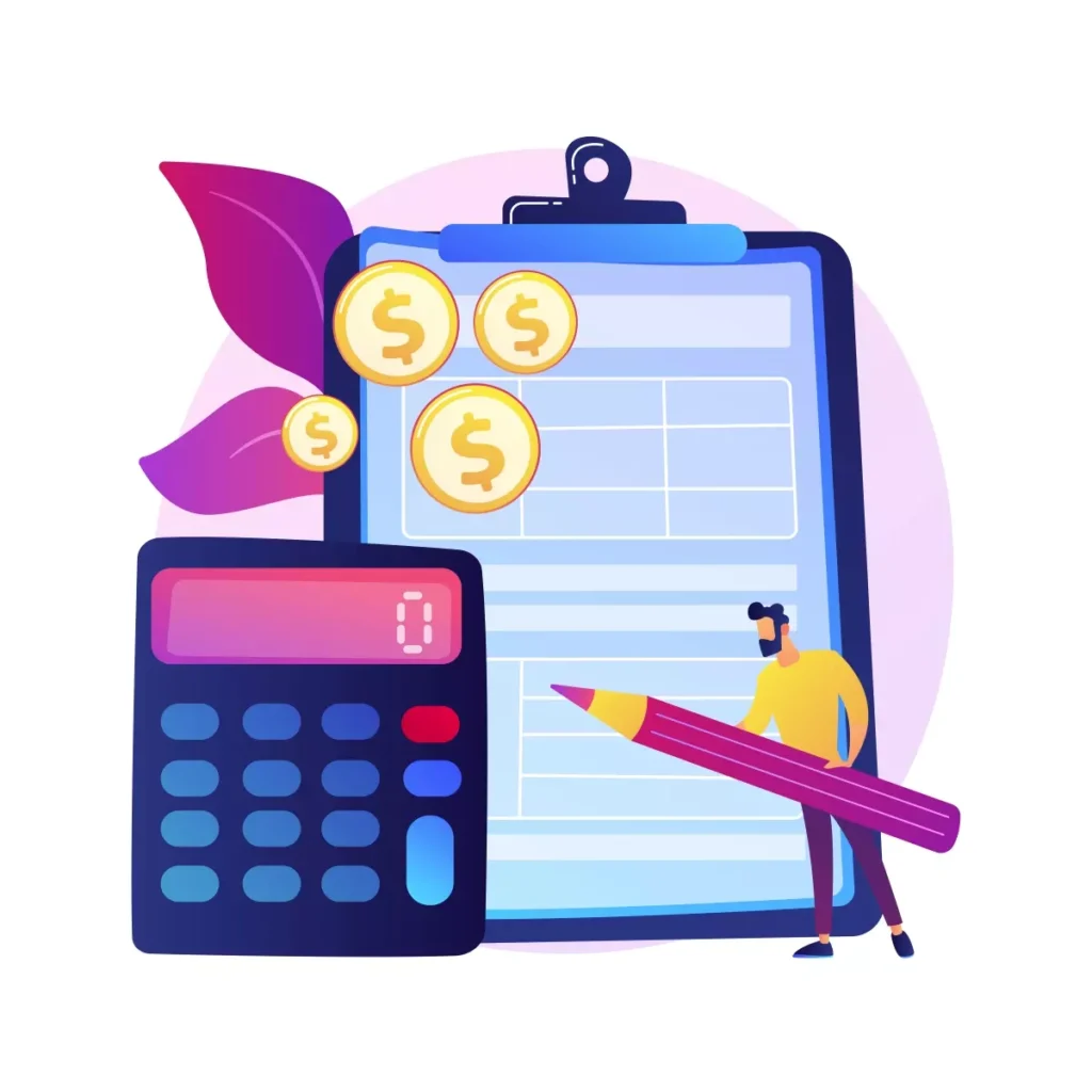 Imagem explicativa sobre como é feito o acerto da empregada doméstica, incluindo uma calculadora, uma planilha e moedas de dinheiro, representando o cálculo correto.