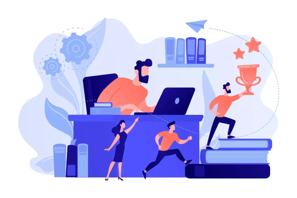 Ilustração explicativa sobre como treinar uma empregada doméstica, mostrando uma supervisora com computador, uma empregada com vassoura, livros e ferramentas domésticas.
