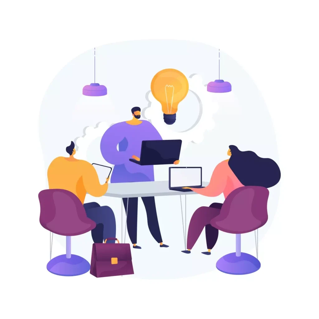 Ilustração de uma reunião de treinamento para empregada doméstica, com pessoas discutindo estratégias e métodos de instrução.