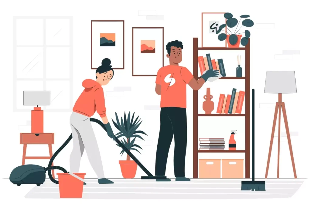 Dicas de organização para casa com duas pessoas limpando e organizando um ambiente com decoração moderna, livros e plantas.