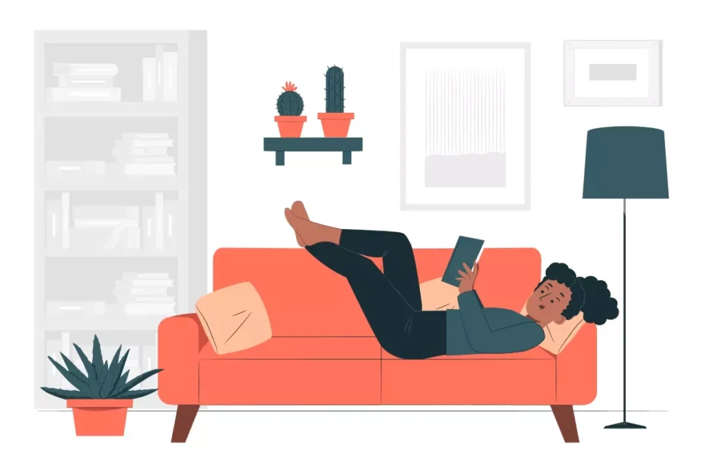 Dicas para manter a casa perfumada: pessoa relaxando no sofá com dispositivo móvel, decoração moderna e ambiente acolhedor.