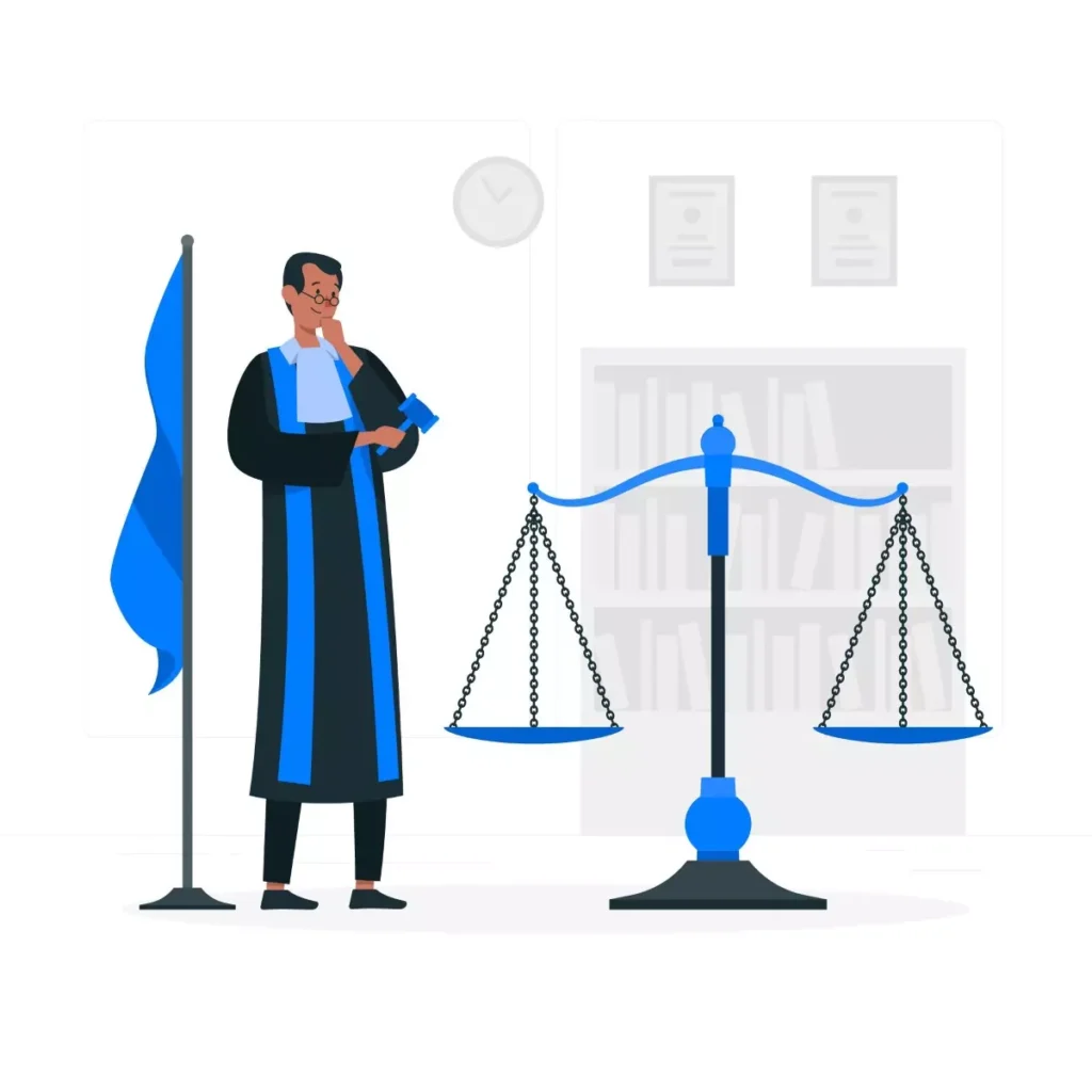 Ilustração representando um profissional de advocacia ao lado de uma balança de justiça, simbolizando direitos trabalhistas de empregados domésticos em 2024, destacando questões legais e proteção ao trabalhador.