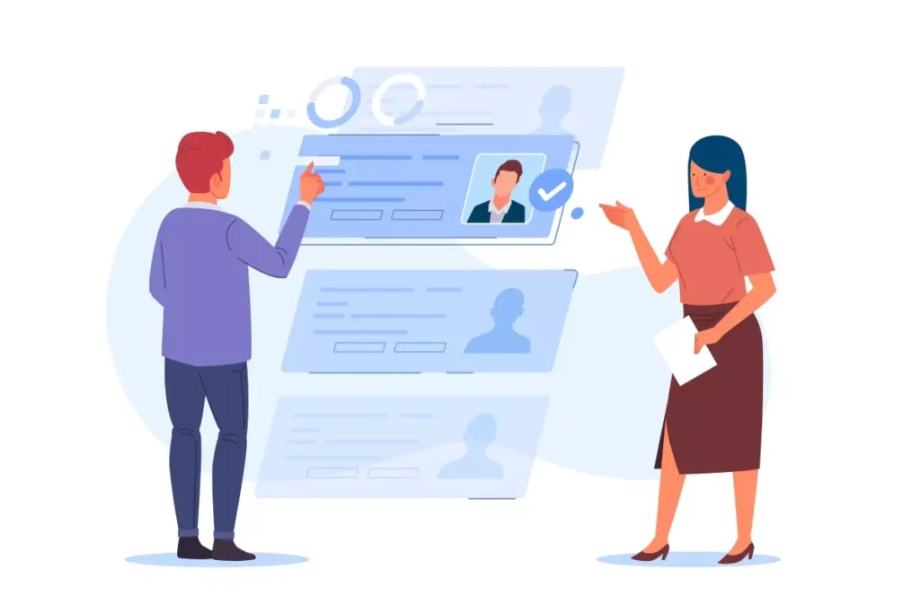Ilustração de uma mulher e um homem conversando sobre a contratação de uma empregada doméstica, com documentos e perfil profissional ao fundo, representando o guia completo para contratar empregada doméstica.