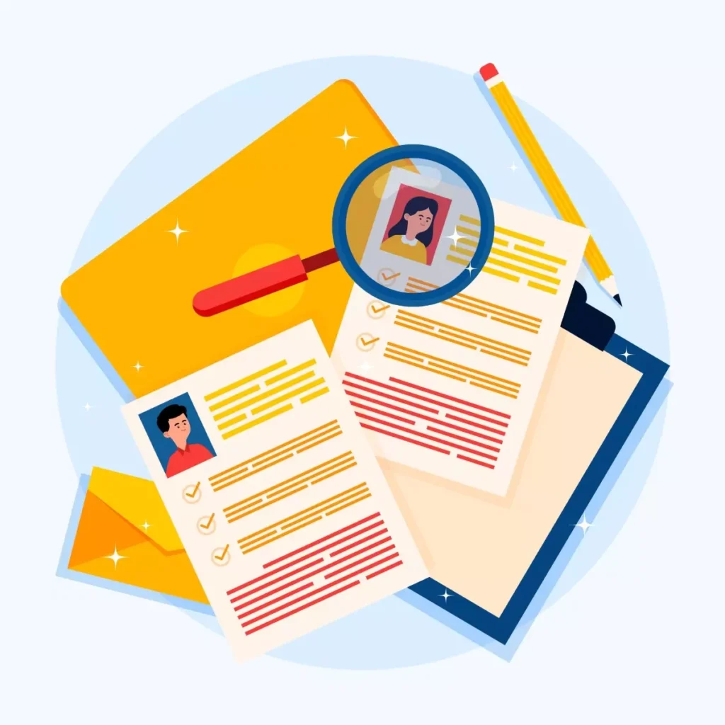Imagem representando um guia completo para contratar empregada doméstica, com documentos, currículo, lupa e caneta, ideal para quem busca informações sobre contratação.