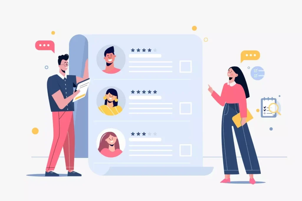 Ilustração de pessoas buscando e selecionando empregada doméstica através de uma lista digital, ideal para quem quer saber onde contratar uma empregada doméstica.