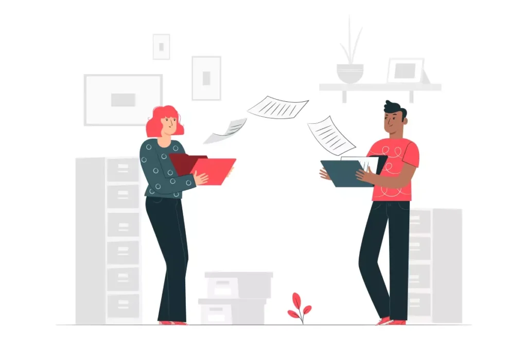 Ilustração de duas pessoas trocando documentos, simbolizando a entrega de documentos na rescisão de empregada doméstica.