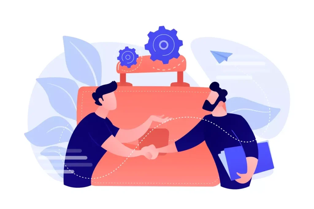 Ilustração de duas pessoas em um acordo de emprego doméstico, simbolizando os direitos da empregada doméstica ao fazer um acordo, com elementos de engrenagens ao fundo.