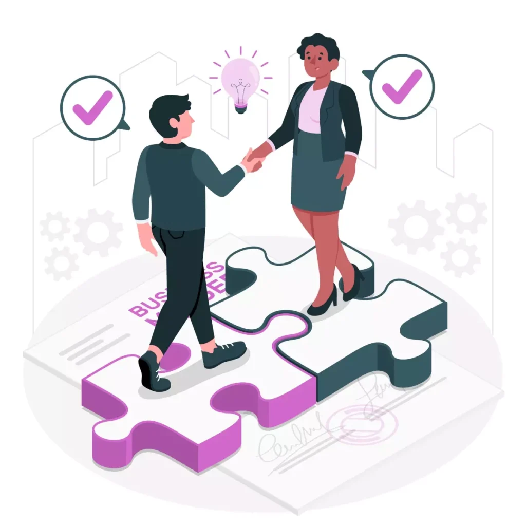 Ilustração de dois profissionais de negócios trocando um aperto de mão, simbolizando parceria e sucesso, sobre um fundo com elementos gráficos de negócios.