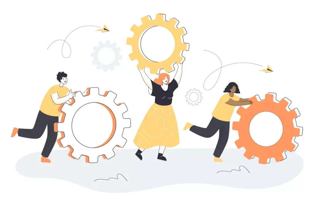 Ilustração representando os diferentes tipos de empregados domésticos, destacando suas funções e profissões, com uma mulher ao centro e duas pessoas ao lado manipulando engrenagens.