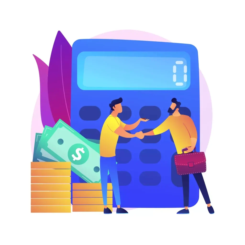 Ilustração de duas pessoas trocando um documento com uma calculadora ao fundo, simbolizando o cálculo do valor da multa rescisória para empregada doméstica.
