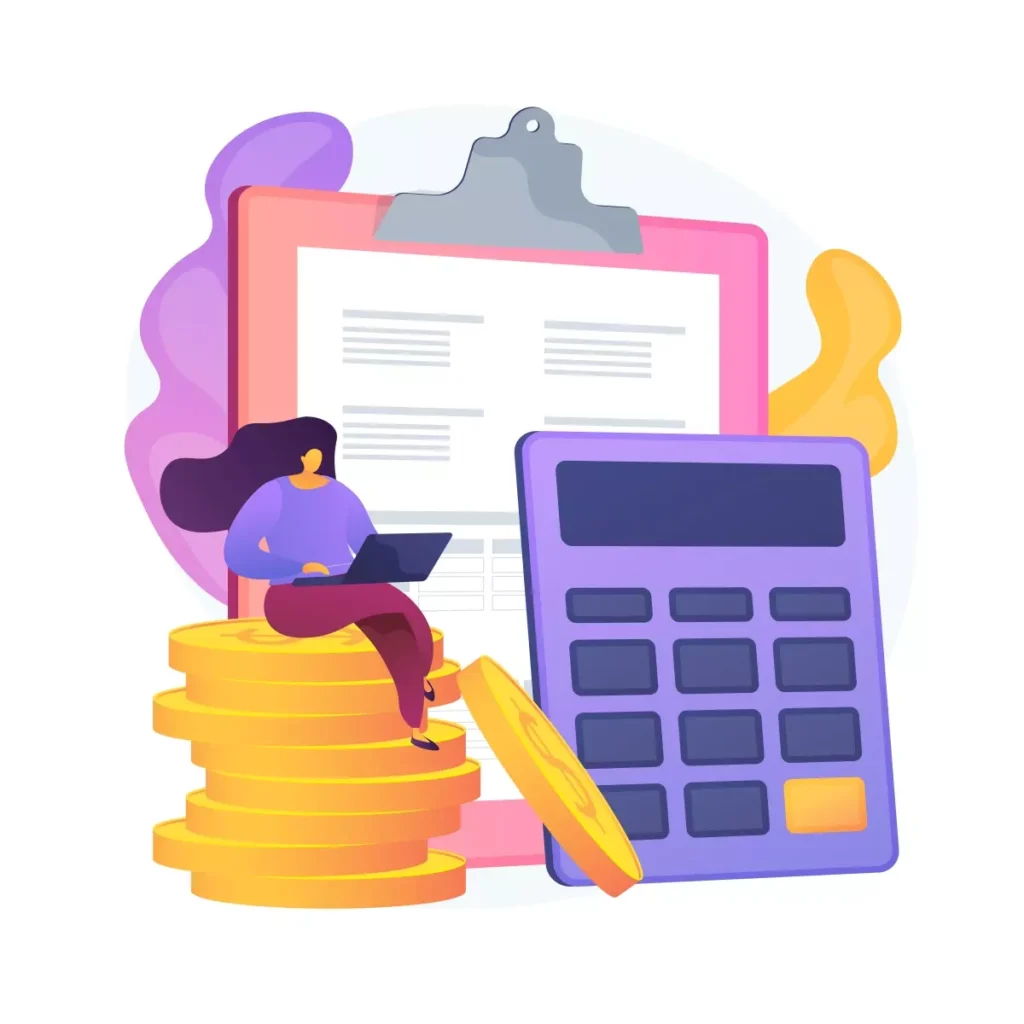 Ilustração relacionada ao custo do registro de empregado doméstico, exibindo uma calculadora, uma mulher usando um laptop, moedas e documentos, destacando informações financeiras sobre o processo.