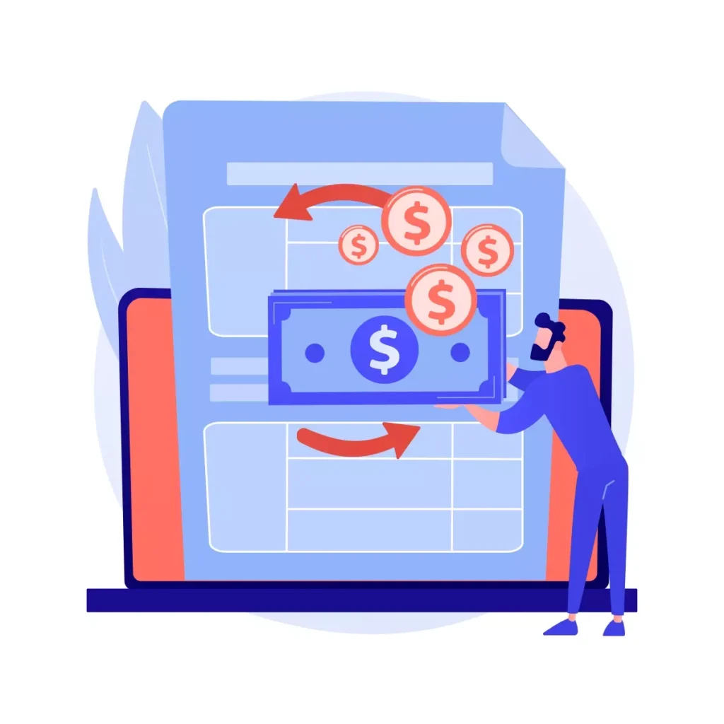 Ilustração de uma folha de pagamento automatizada para empregada doméstica, com computador, dinheiro e documentos, destacando facilidade e agilidade na gestão financeira.