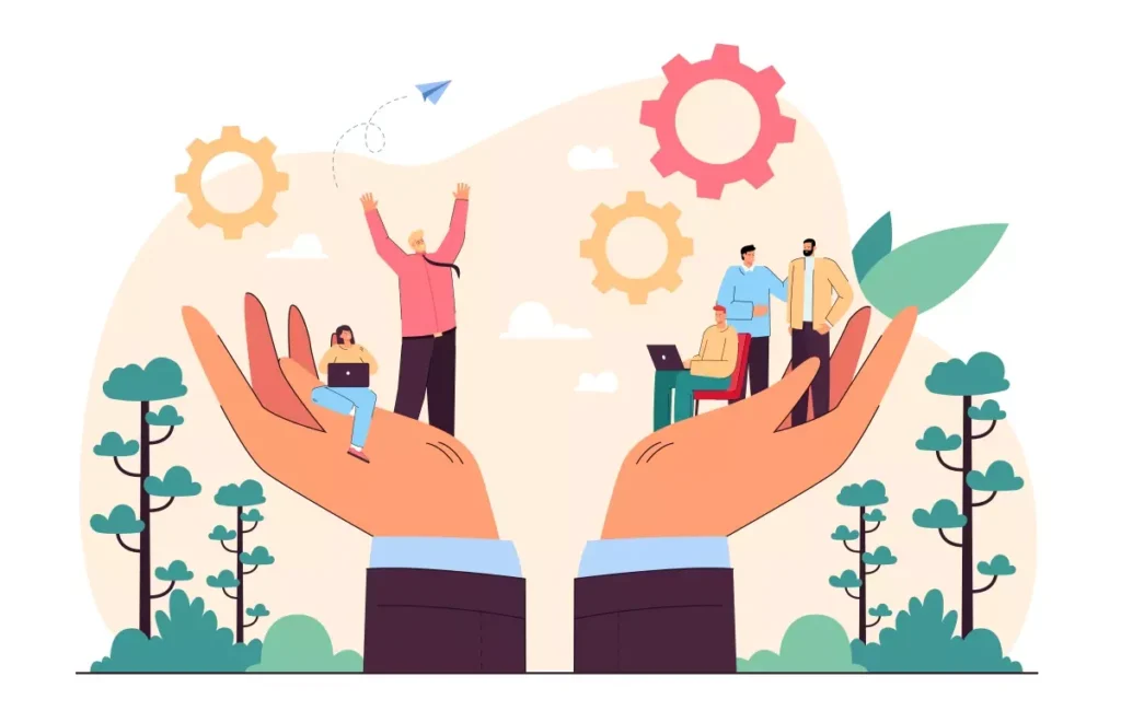 Ilustração representando as obrigações do empregador doméstico no Brasil, com mãos segurando uma cena de pessoas interagindo e natureza, simbolizando cuidado e responsabilidade.