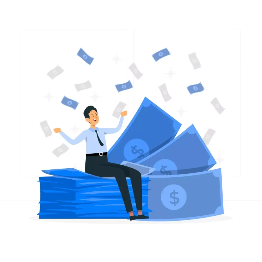 Ilustração de uma empregada doméstica comemorando ao lado de uma pilha de dinheiro, representando o direito ao abono salarial para empregadas domésticas.