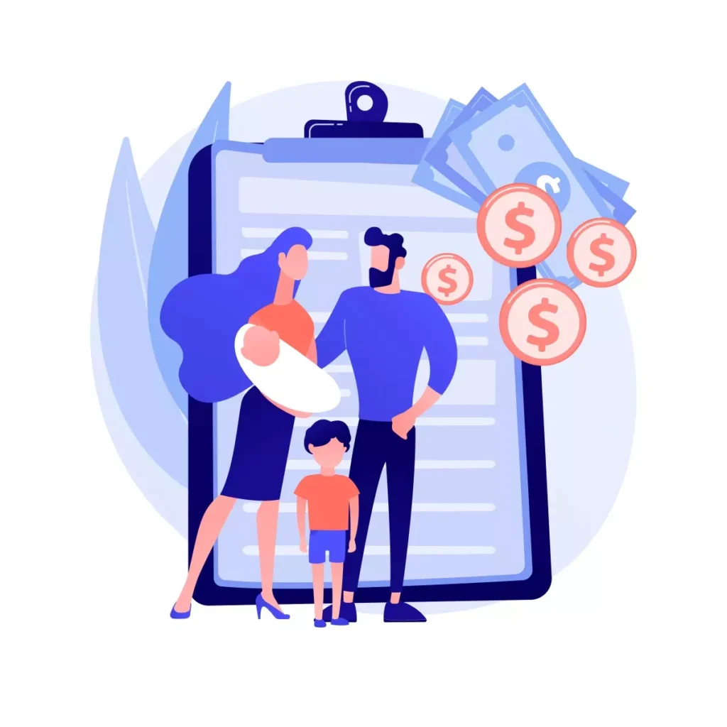 Ilustração representando salário-família 2025 para doméstica, com família, dinheiro e documento, destacando benefícios para empregadas domésticas em 2025.