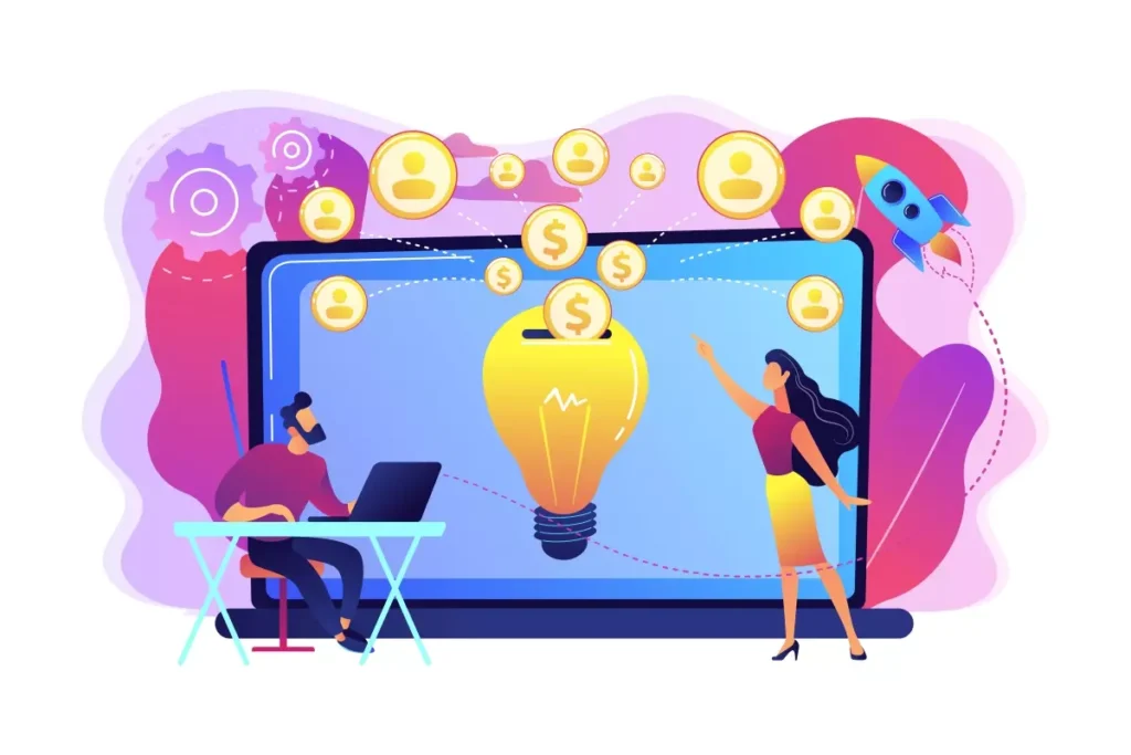 Ilustração de pessoas interagindo com conteúdo digital sobre salário mínimo do Paraná 2025 para doméstica, incluindo símbolos de dinheiro e tecnologia.
