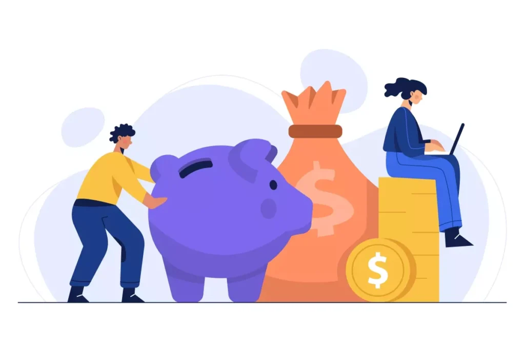 Imagem ilustrativa representando o salário mínimo do Rio de Janeiro em 2025, com uma combinação de moedas, um cofrinho, uma pessoa usando laptop, simbolizando economia e trabalho.