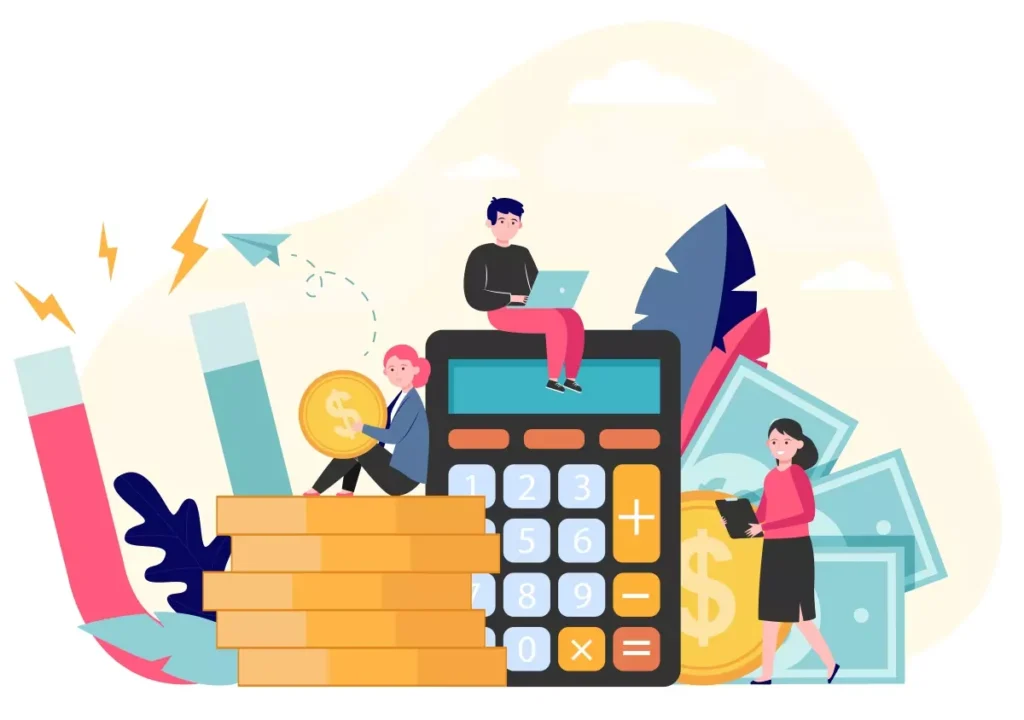 Ilustração explicativa sobre como calcular o INSS da empregada doméstica, com elementos como calculadora, moedas, pessoas e gráficos, ideal para orientar empregadores.