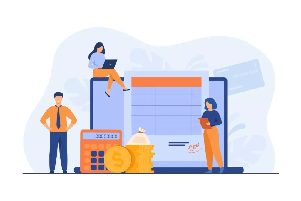 Ilustração sobre como fazer a folha de pagamento da empregada doméstica, com computador, calculadora e moedas, destacando a importância de cálculos corretos.