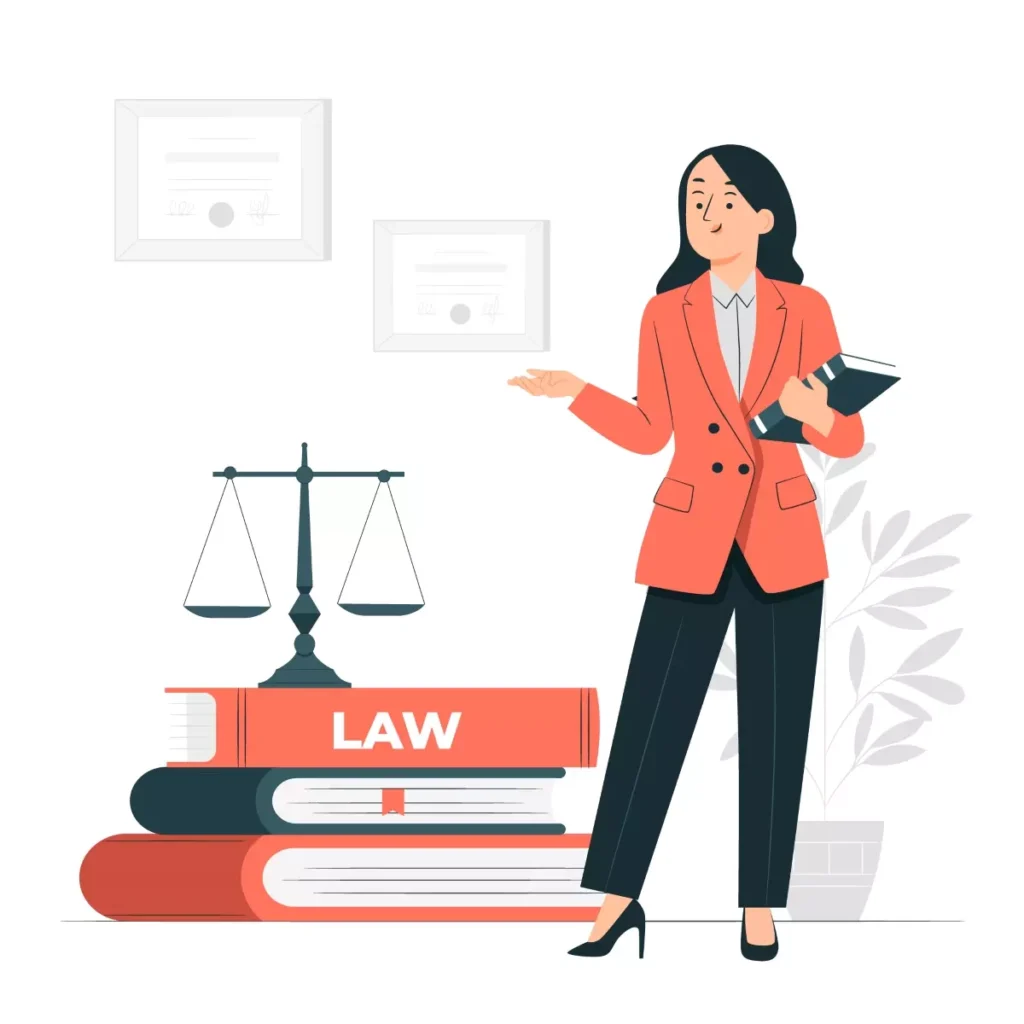 Ilustração de uma mulher segurando uma prancheta, ao lado de uma balança e livros relacionados à lei, representando o intervalo intrajornada para empregada doméstica.