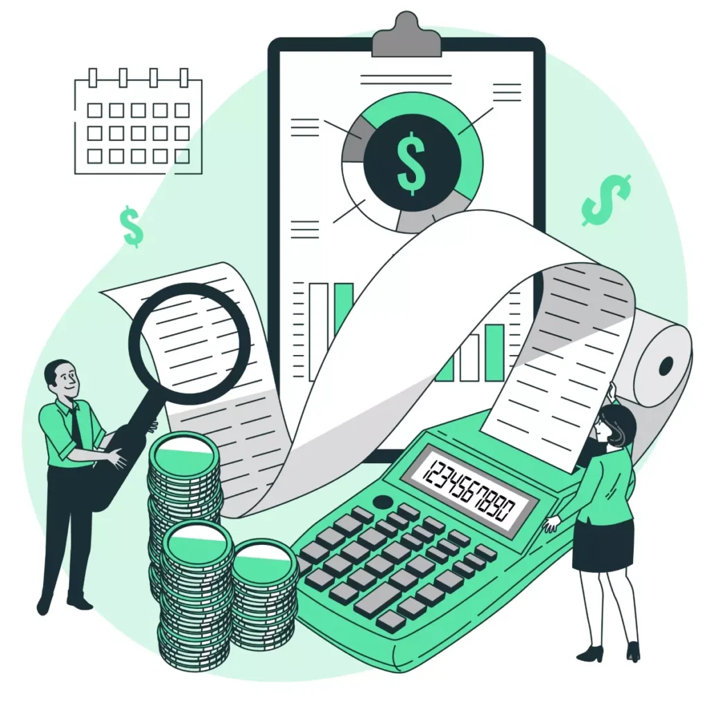 Imagem ilustrativa sobre os custos de contratação de uma empregada doméstica em 2025, incluindo calculadora, recibos, moedas e gráficos, representando o mercado de trabalho doméstico.