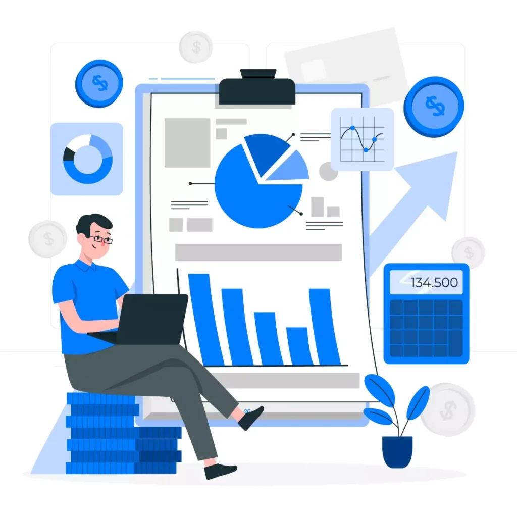 Ilustração mostrando a importância de um contador para registrar empregada doméstica, com gráficos financeiros, planilhas e um profissional analisando dados.