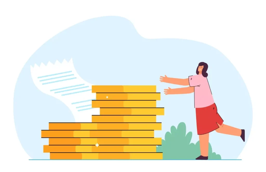 Ilustração de uma empregada doméstica ao lado de uma grande pilha de moedas de ouro, simbolizando a facilidade e economia na folha de pagamento automatizada para empregada doméstica.