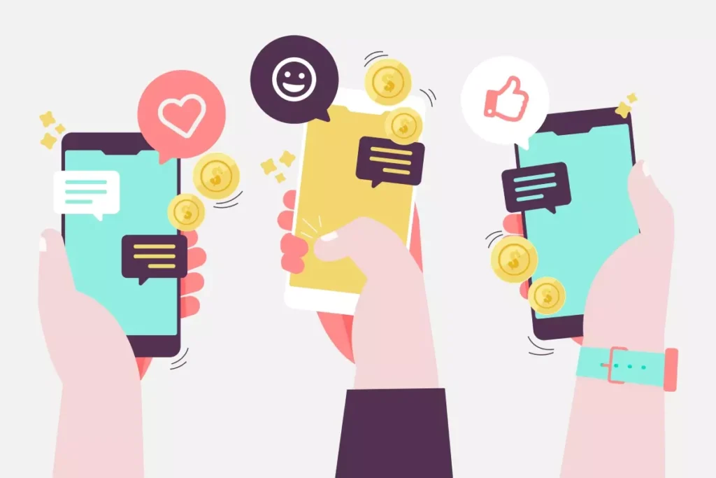 Imagem ilustrativa de pessoas usando smartphones com ícones de mensagens e moedas, representando a facilidade de uso de um aplicativo para folha de pagamento de doméstica.