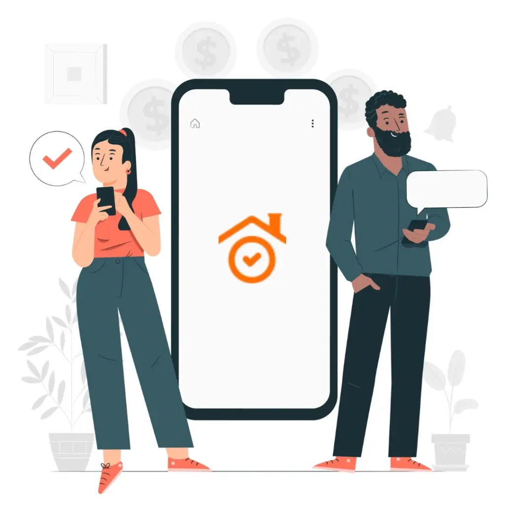 Ilustração de um aplicativo para folha de pagamento de doméstica, com uma mulher usando smartphone e um homem segurando um tablet ao lado de um grande celular com símbolo de verificação. Representa facilidade e praticidade no gerenciamento de pagamentos domésticos.