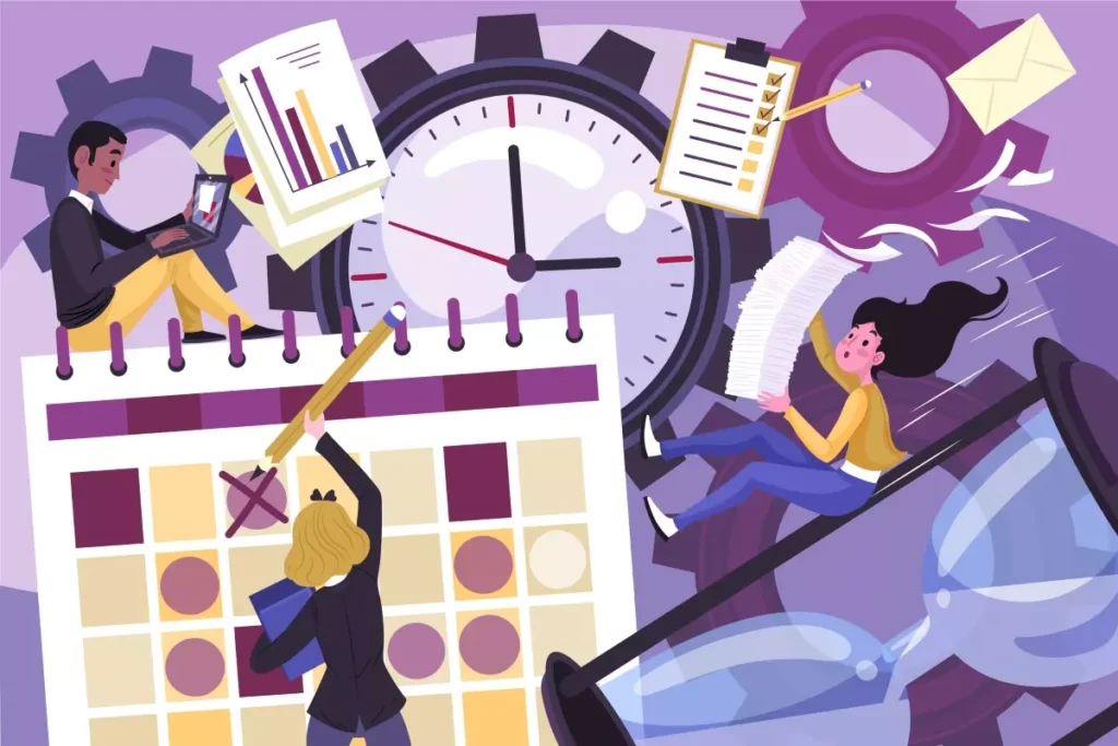 Ilustração explicando como funciona a jornada de trabalho de uma doméstica, mostrando horários, tarefas e rotina diária. Esquema visual para entender a rotina de trabalhadores domésticos.