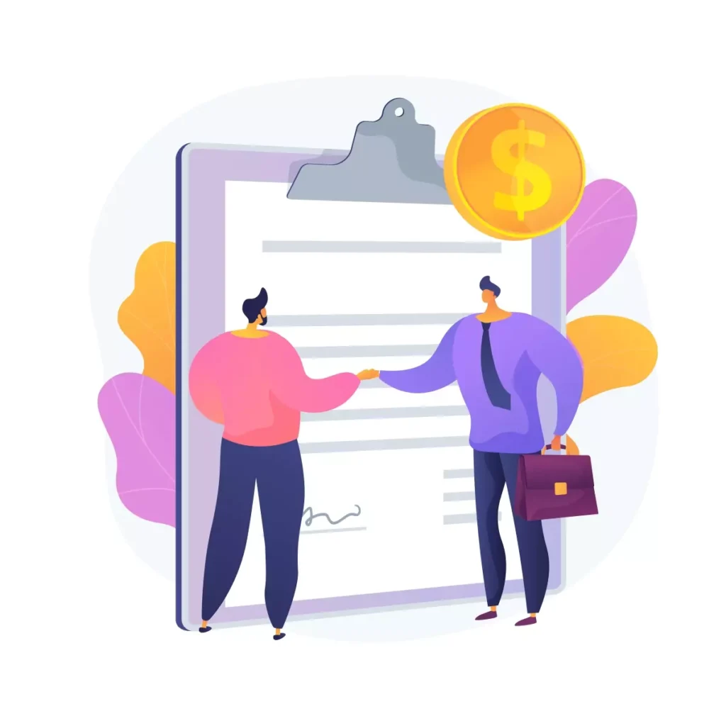 Imagem ilustrativa sobre como renovar contrato de empregada doméstica, mostrando duas pessoas com documentos e uma moeda, simbolizando a atualização do contrato de forma segura.