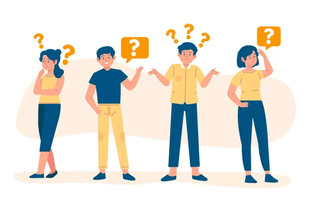 Ilustração de quatro pessoas com interrogações acima de suas cabeças, representando dúvidas frequentes sobre o eSocial doméstico, com expressão de questionamento e análise.