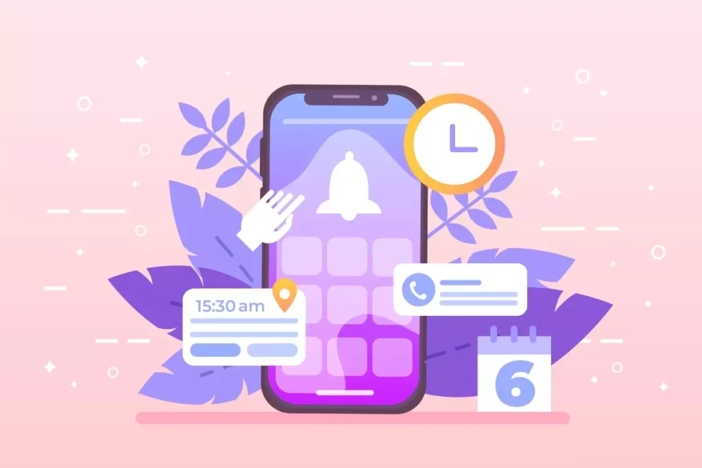 Ilustração de smartphone exibindo aplicativo para controle de ponto de doméstica, com notificações, relógio, calendário e elementos gráficos coloridos.