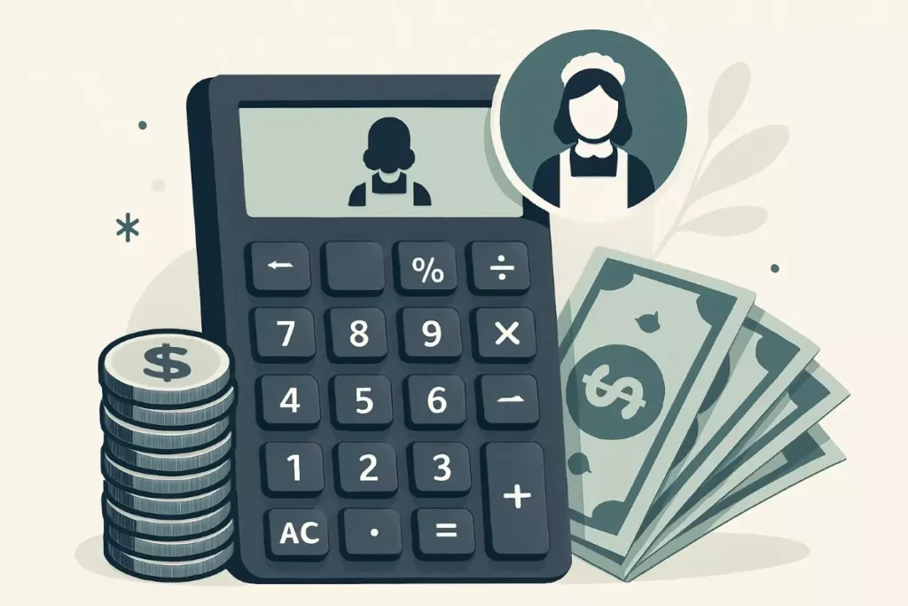 Ilustração mostrando um cálculo para determinar o salário de uma doméstica, com uma calculadora, dinheiro e uma personagem representando empregada doméstica, ideal para quem busca como calcular salário da doméstica.