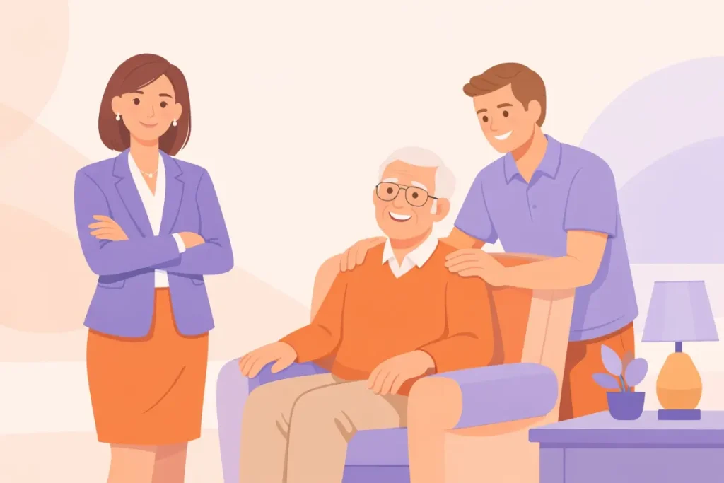 Ilustração de uma cuidadora e um jovem auxiliando um idoso sentado em uma poltrona, com ambiente acolhedor e confortável.