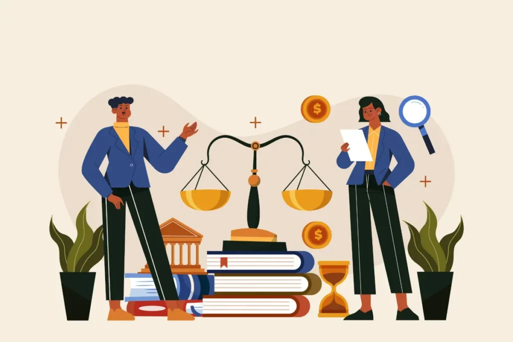 Ilustração de um empregado doméstico e uma profissional conversando sobre direitos ao PIS, com símbolos de justiça, dinheiro e livros ao redor.