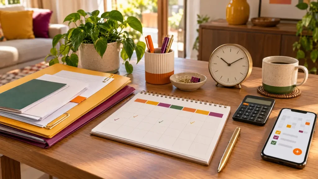 Mesa organizada com agenda, calculadora e celular exibindo gráfico, ao lado de xícara e relógio, em ambiente doméstico, associada ao gerenciamento dos empregados domésticos.