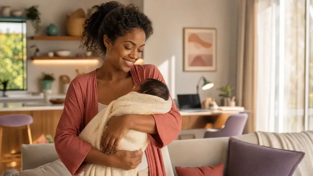 Mãe aconchegando o bebê com carinho no colo em uma sala de estar aconchegante, com luz natural ao lado da janela e decoração moderna ao fundo representando a licença-maternidade da empregada doméstica.