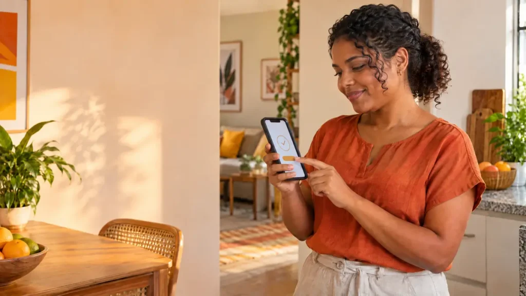 Mulher em casa usando ponto eletrônico digital para doméstica no celular, conferindo o tempo de trabalho e organizando rotinas em um ambiente interno acolhedor.