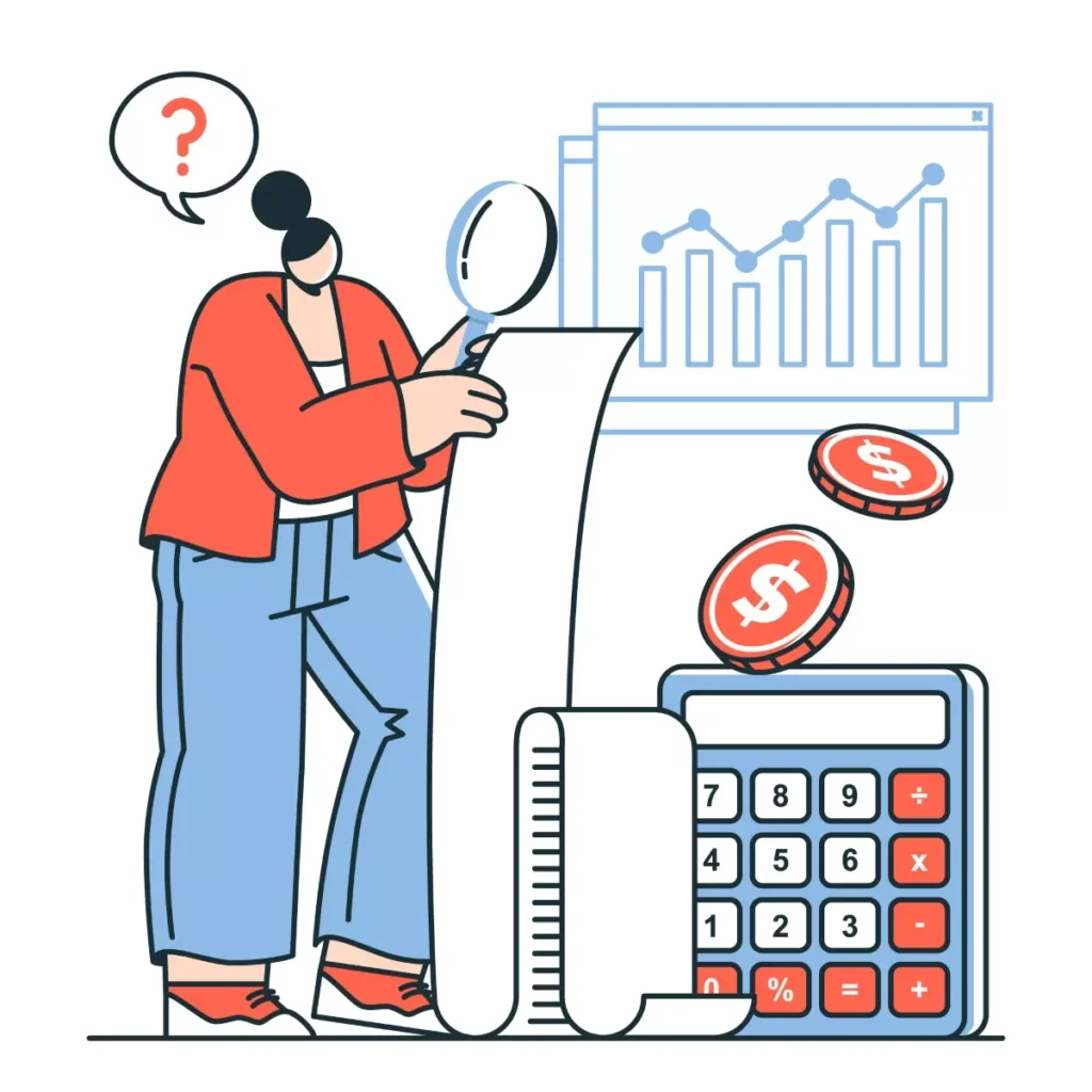 Ilustração explicativa de como calcular o FGTS para empregada doméstica, incluindo ferramentas como calculadora, gráficos de crescimento e moedas, facilitando o entendimento do procedimento.