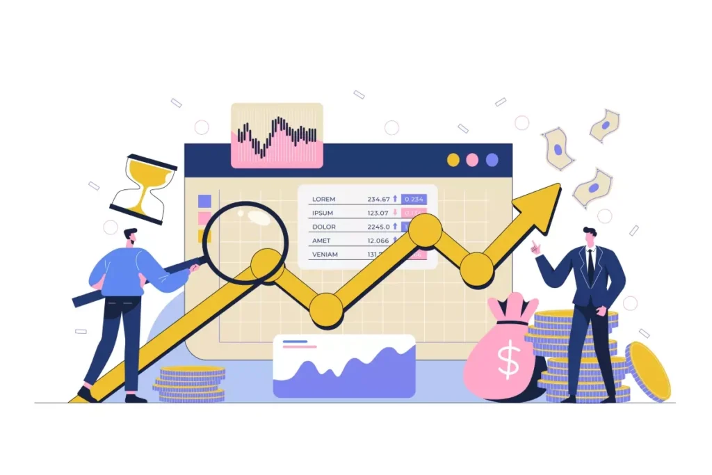 Ilustração explicativa de como calcular rescisão de empregada doméstica, com gráficos, moedas e pessoas analisando dados financeiros relacionados ao tema.