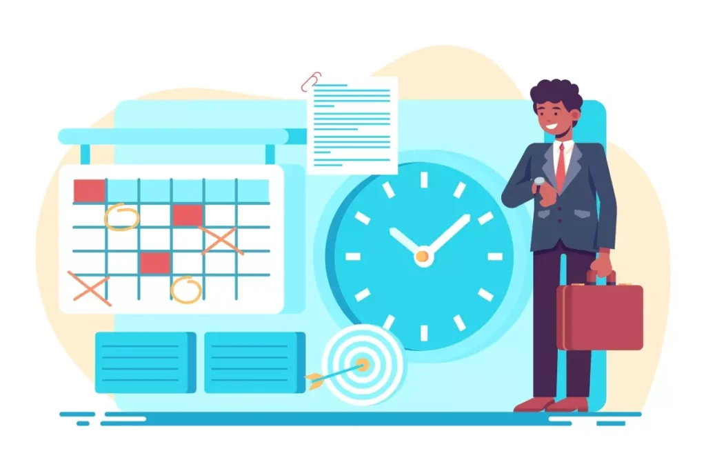 Homem com mala gerenciando a jornada de trabalho com ferramenta Hora do Lar, calendário, relógio e documentos, facilitando o controle de empregados domésticos.