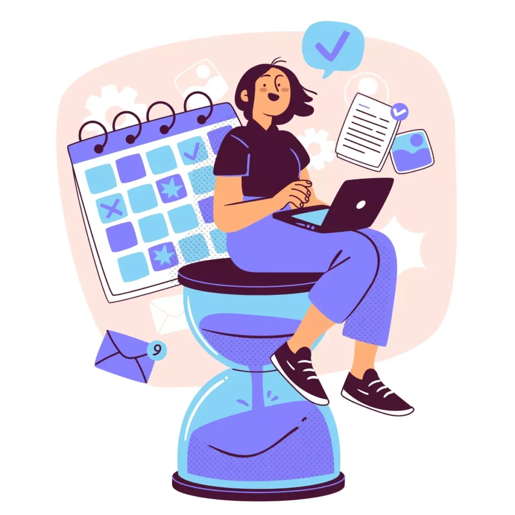 Ilustração de uma mulher gerenciando sua rotina com um calendário e um laptop, representando quem tem empregada doméstica podendo gerenciar jornada de trabalho com hora do lar.