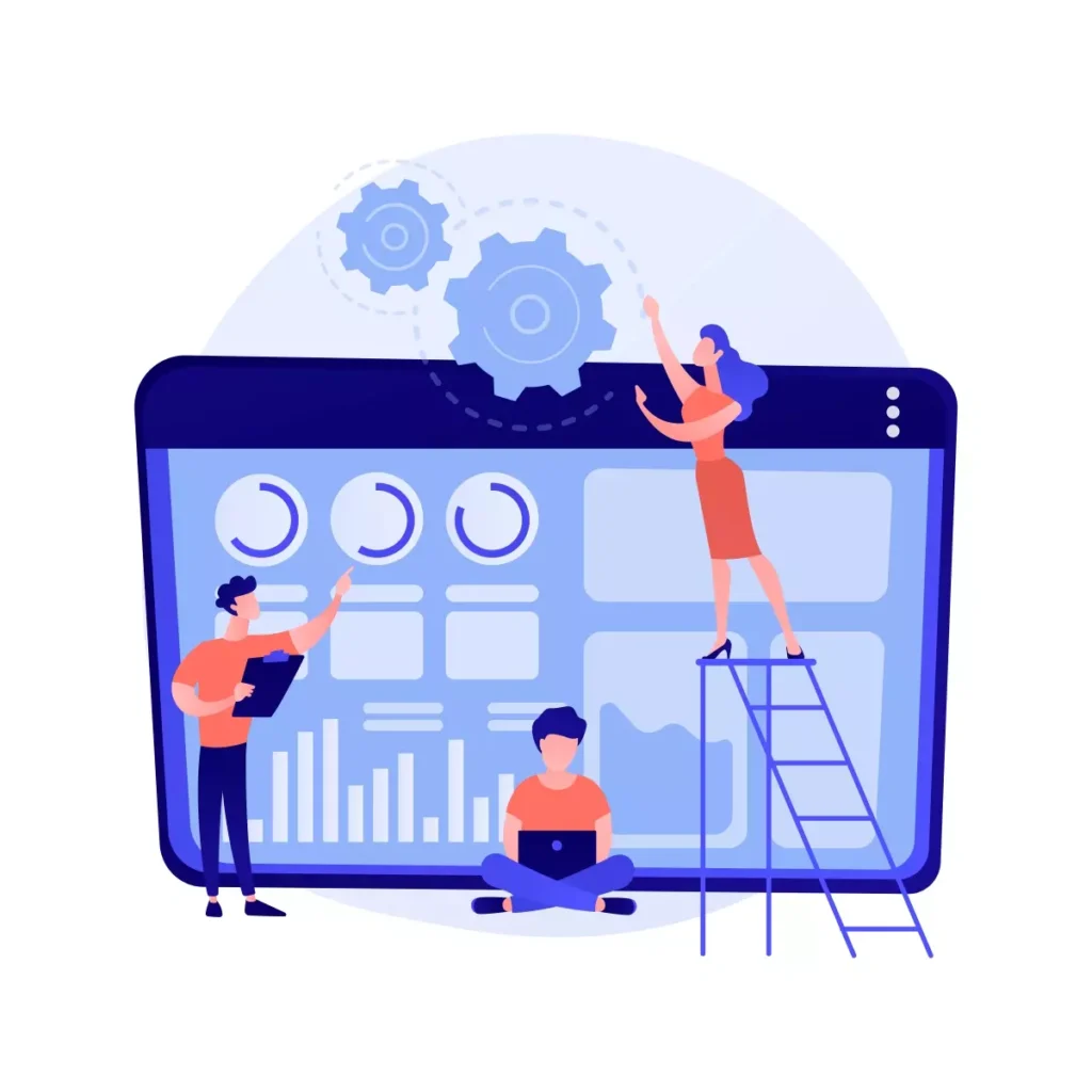 Ilustração explicando as vantagens de usar um sistema para gestão de empregada doméstica, com personagens interagindo com gráficos e engrenagens.
